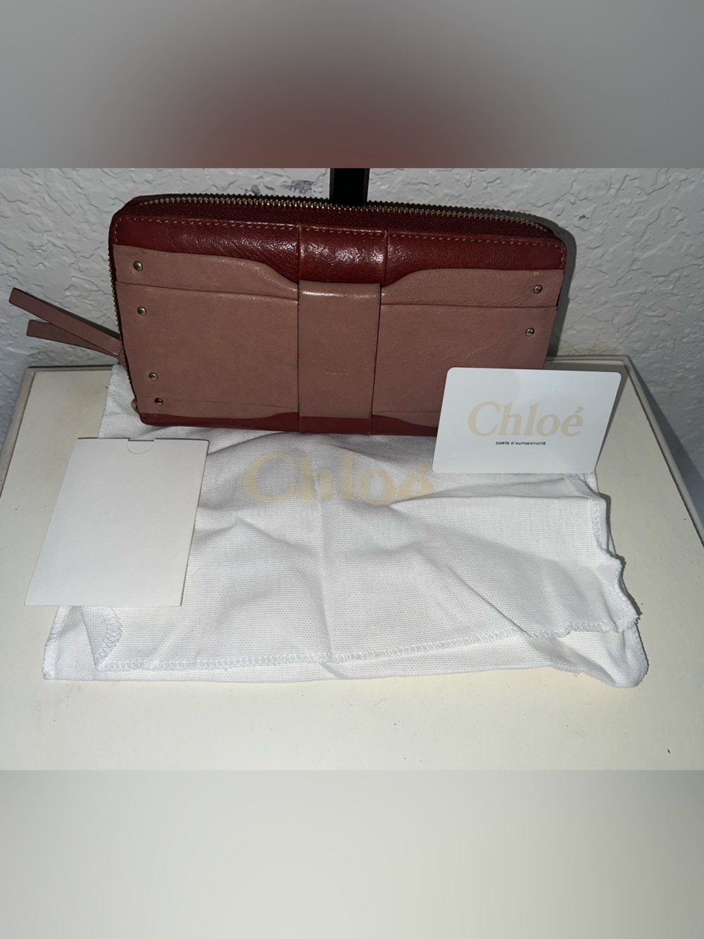 Chloé Two-Tone Leather Zip Wallet in Rose & Burgundy
